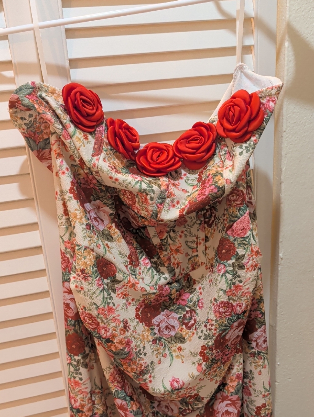 Floral Strapless Dress with Red Rosette Trim Corset Top